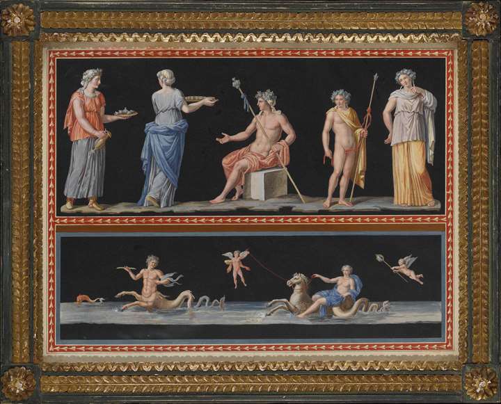 A pair of watercolours showing scenes from classical mythology on two registers